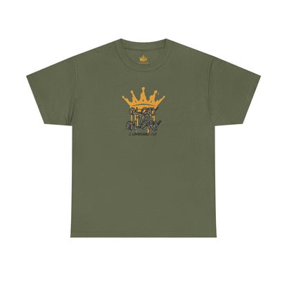 Military green heavy cotton Scripture shirt with gold crown and Glory text from Logos Co.