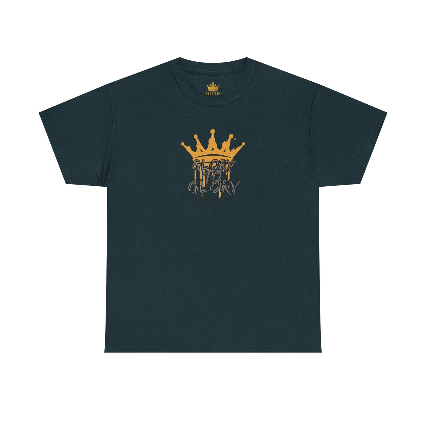 Logos Co heavy cotton Scripture shirt in navy blue featuring a gold crown and text design
