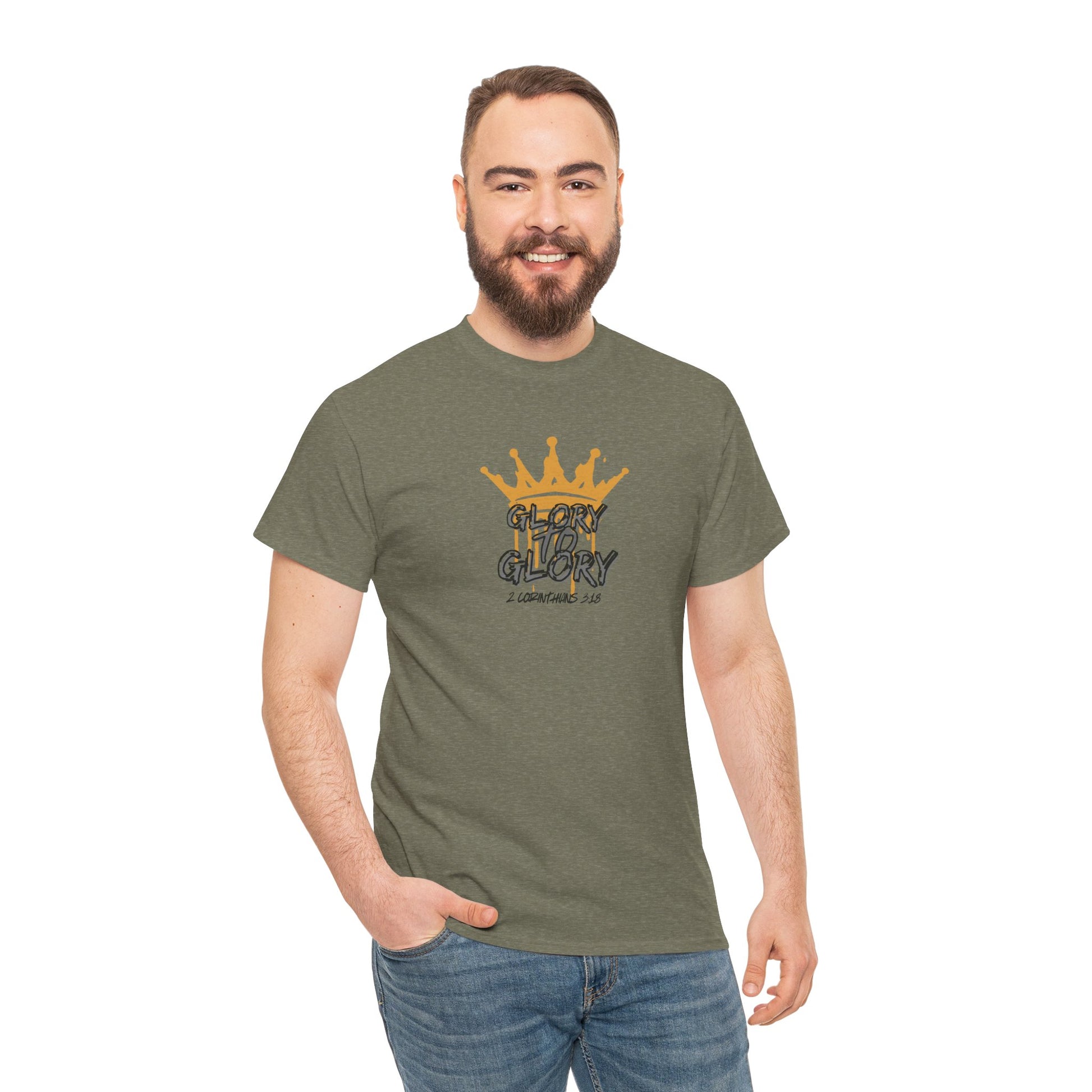 Man wearing olive green heavy cotton Scripture shirt with gold crown and Glory to Glory text