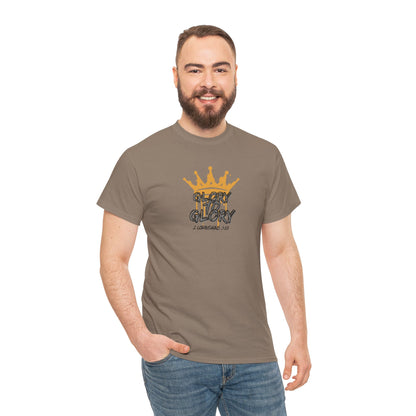 Men's heavy cotton Scripture shirt in brown with glory crown graphic and Bible verse design