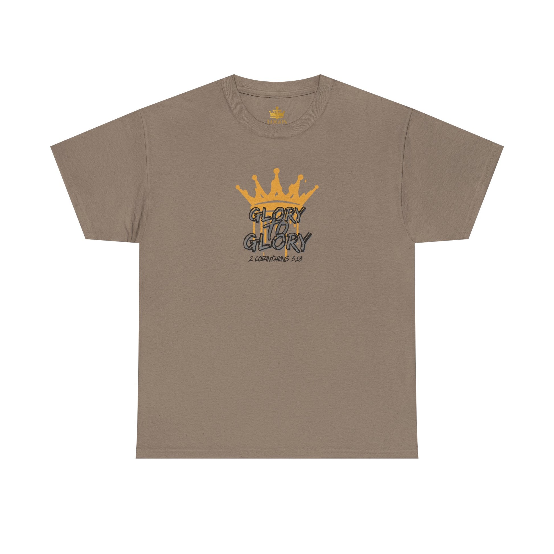 Logos Co. taupe heavy cotton Scripture shirt with yellow crown and Glory to Glory text