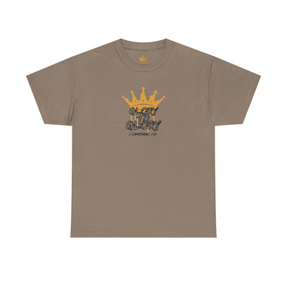 Logos Co. taupe heavy cotton Scripture shirt with yellow crown and Glory to Glory text