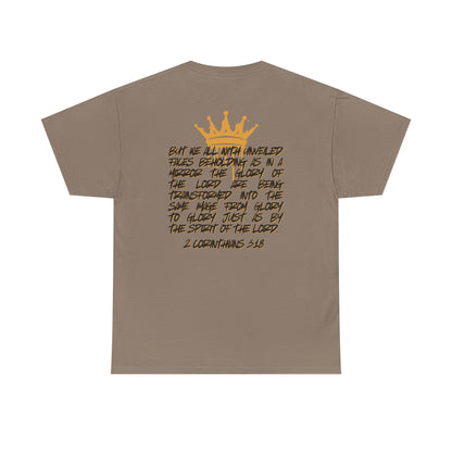 Logos Co. heavy cotton Scripture shirt with Bible verse and crown graphic on the back in brown