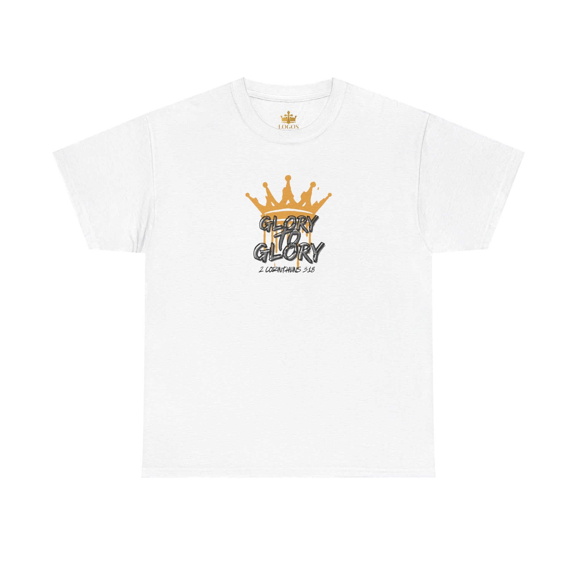 White heavy cotton Scripture shirt by Logos Co. with gold crown and Glory text design
