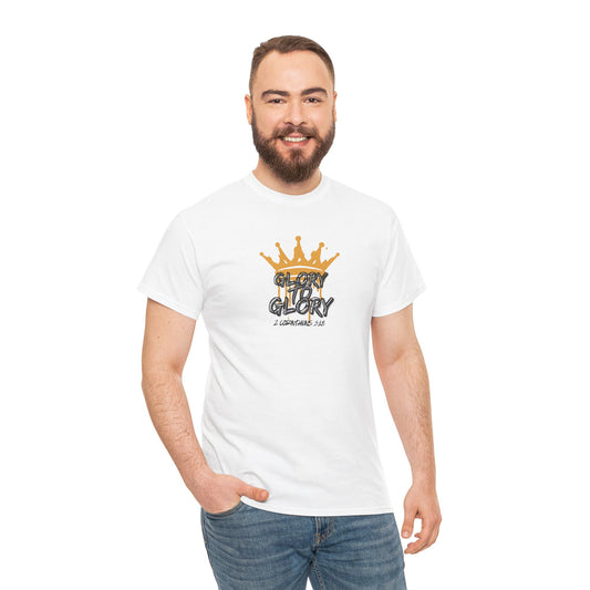White Logos heavy cotton Scripture shirt with gold crown and Glory to Glory text worn by a man