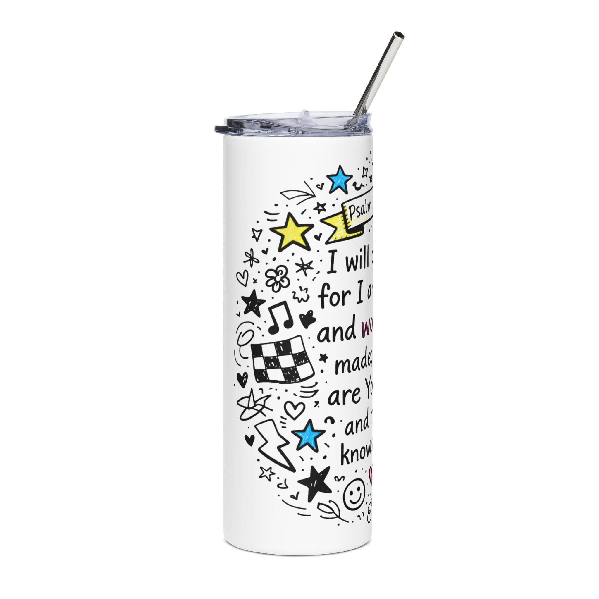 I Will Praise You Tumbler with colorful doodles and scripture design in a sleek white finish