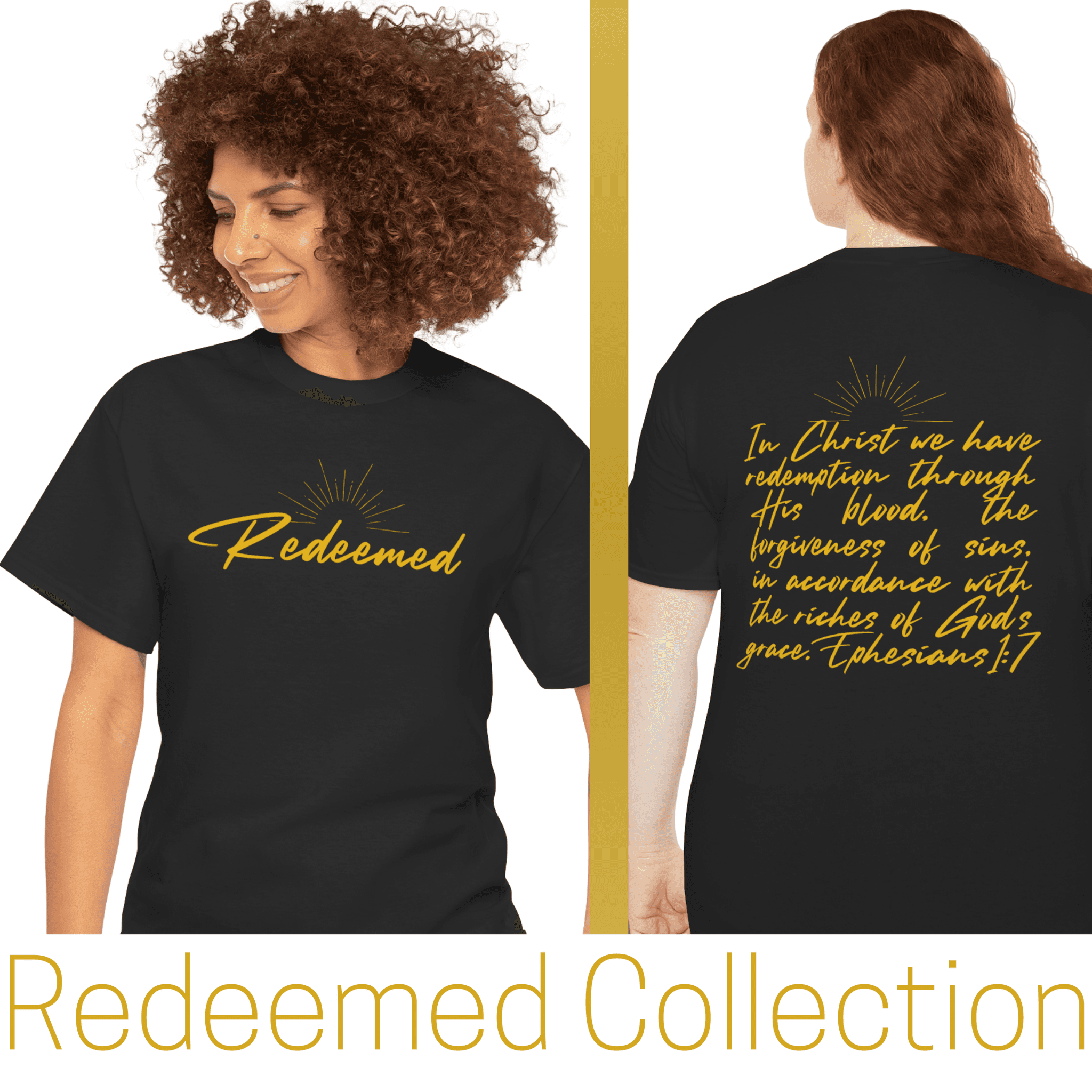 Ephesians 1:7 inspirational shirt featuring the word Redeemed in stylish text for motivation