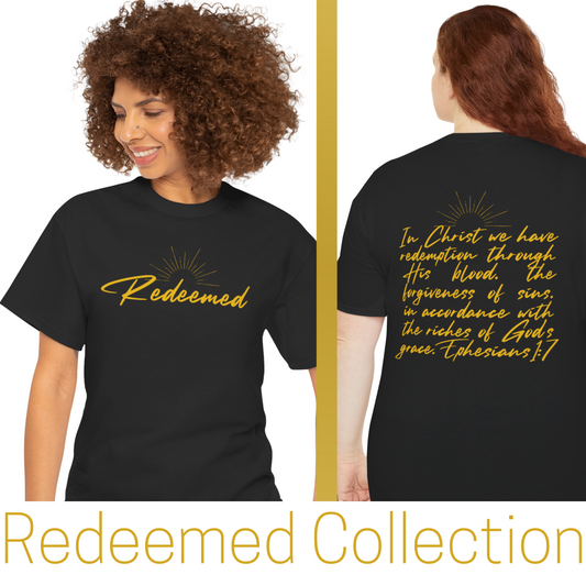 Ephesians 1:7 inspirational shirt featuring the word Redeemed in stylish text for motivation
