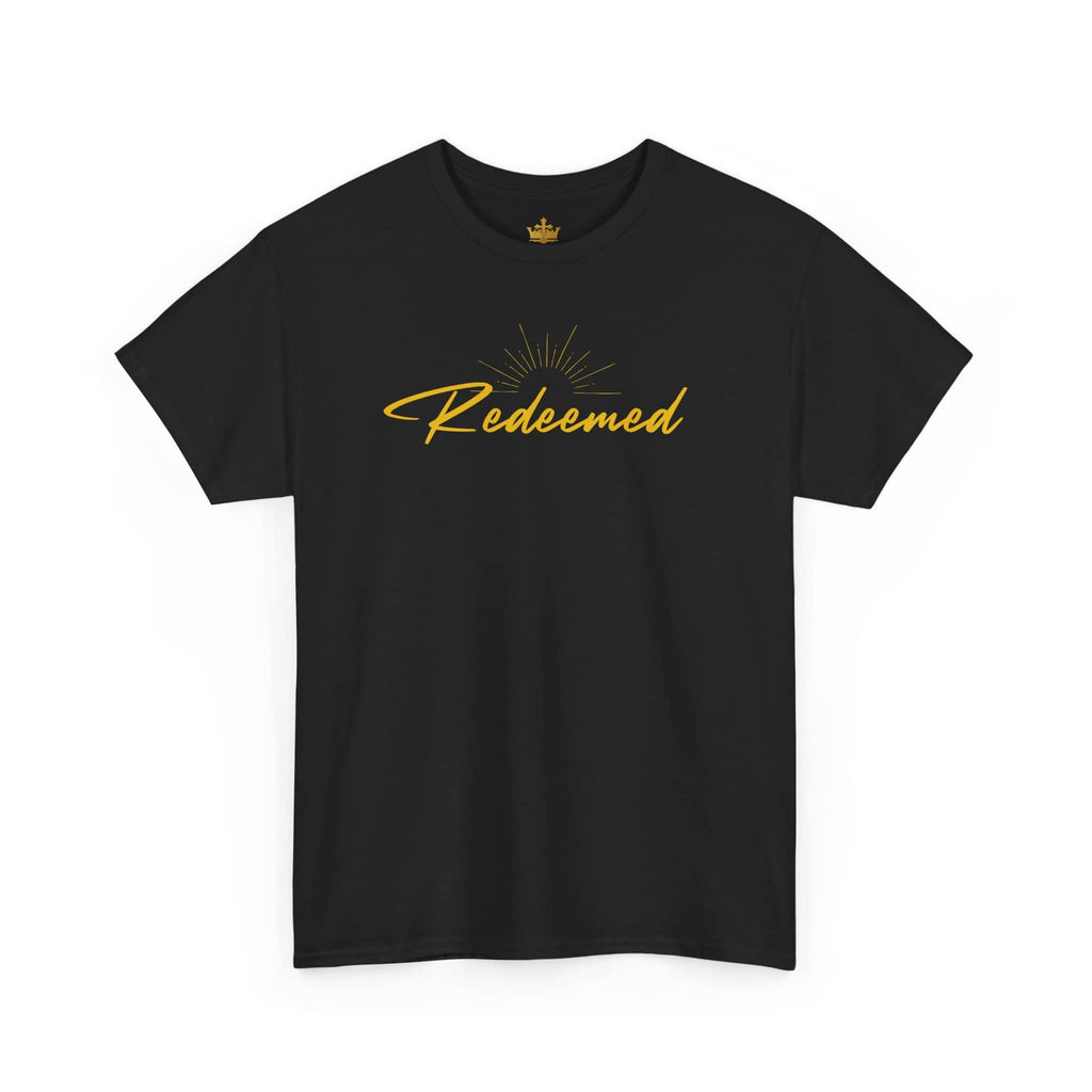 Black Ephesians 1:7 inspirational shirt with 'Redeemed' in gold lettering and sunburst design