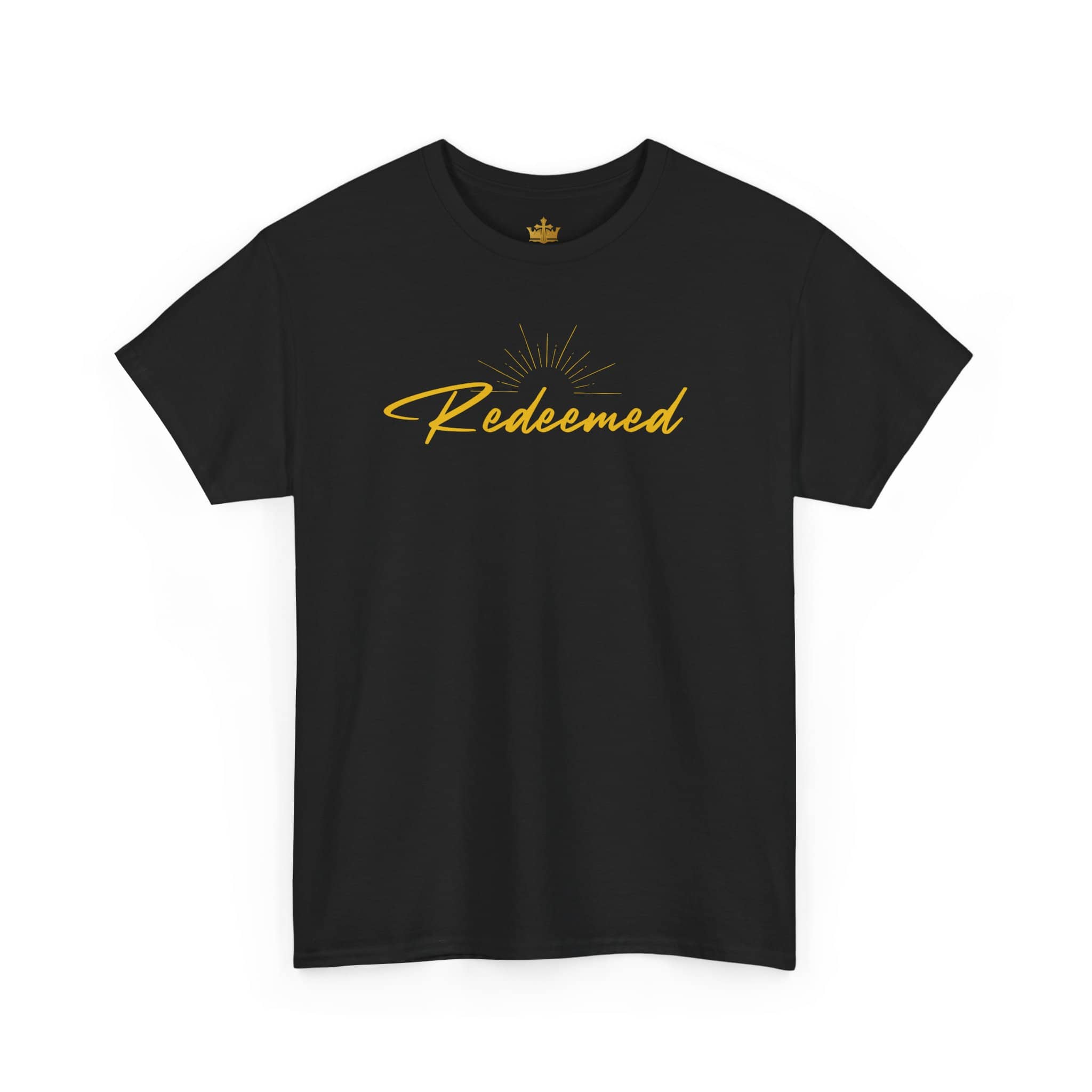 Black Ephesians 1:7 inspirational shirt with 'Redeemed' in gold lettering and sunburst design