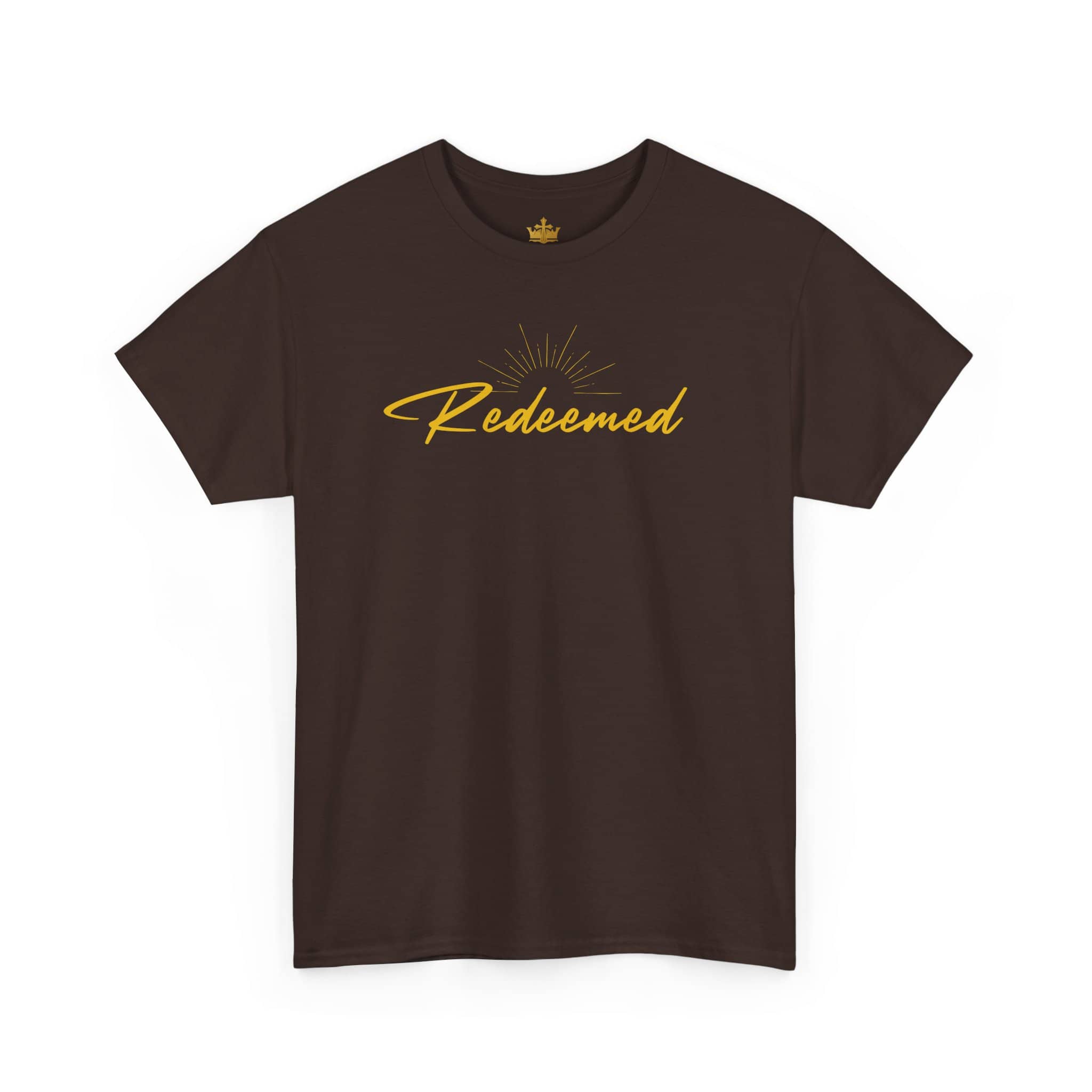 Ephesians 1:7 inspirational shirt featuring 'Redeemed' in stylish, golden lettering