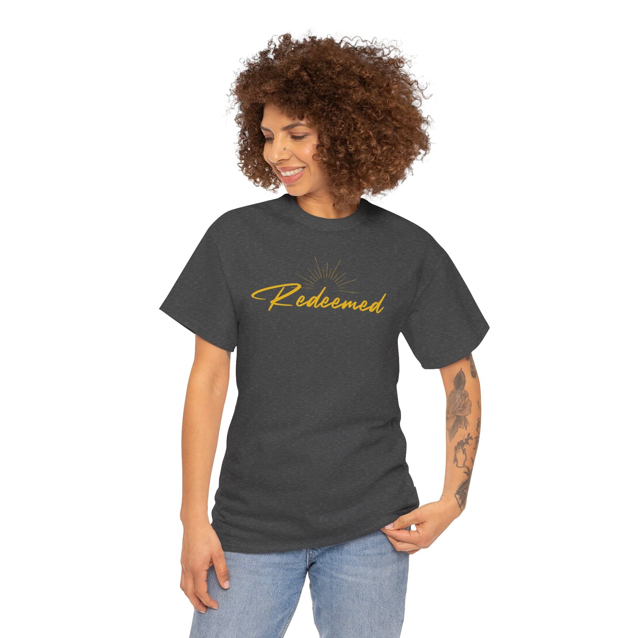 Ephesians 1:7 inspirational shirt featuring the word Redeemed in stylish lettering