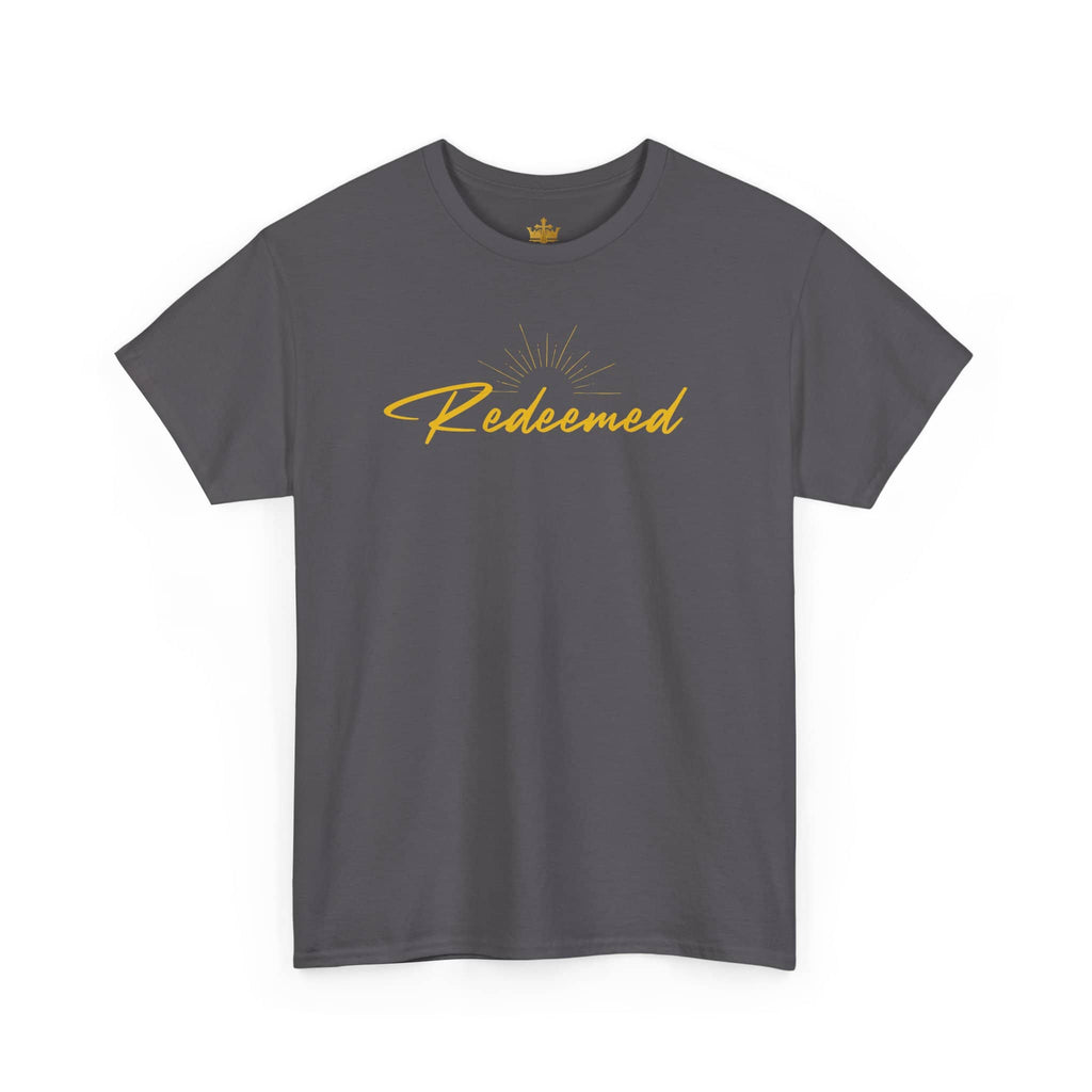 Gray Ephesians 1:7 inspirational shirt with 'Redeemed' text and sunburst design