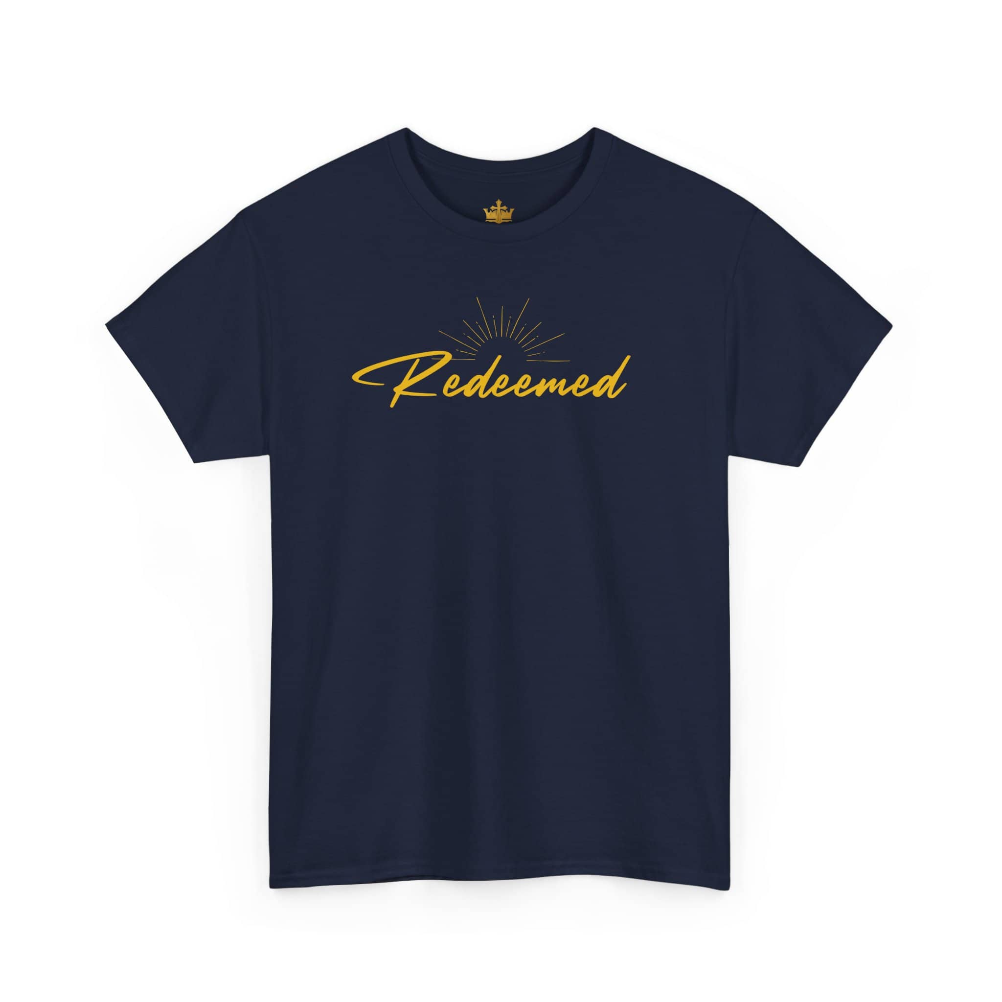 Navy Ephesians 1:7 inspirational shirt with 'Redeemed' printed in gold lettering