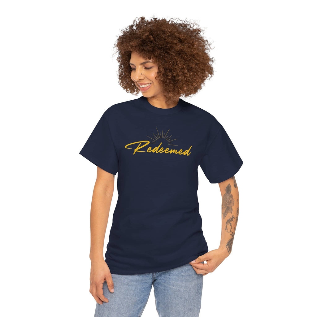 Ephesians 1:7 inspirational shirt with the word Redeemed in stylish lettering on a navy background