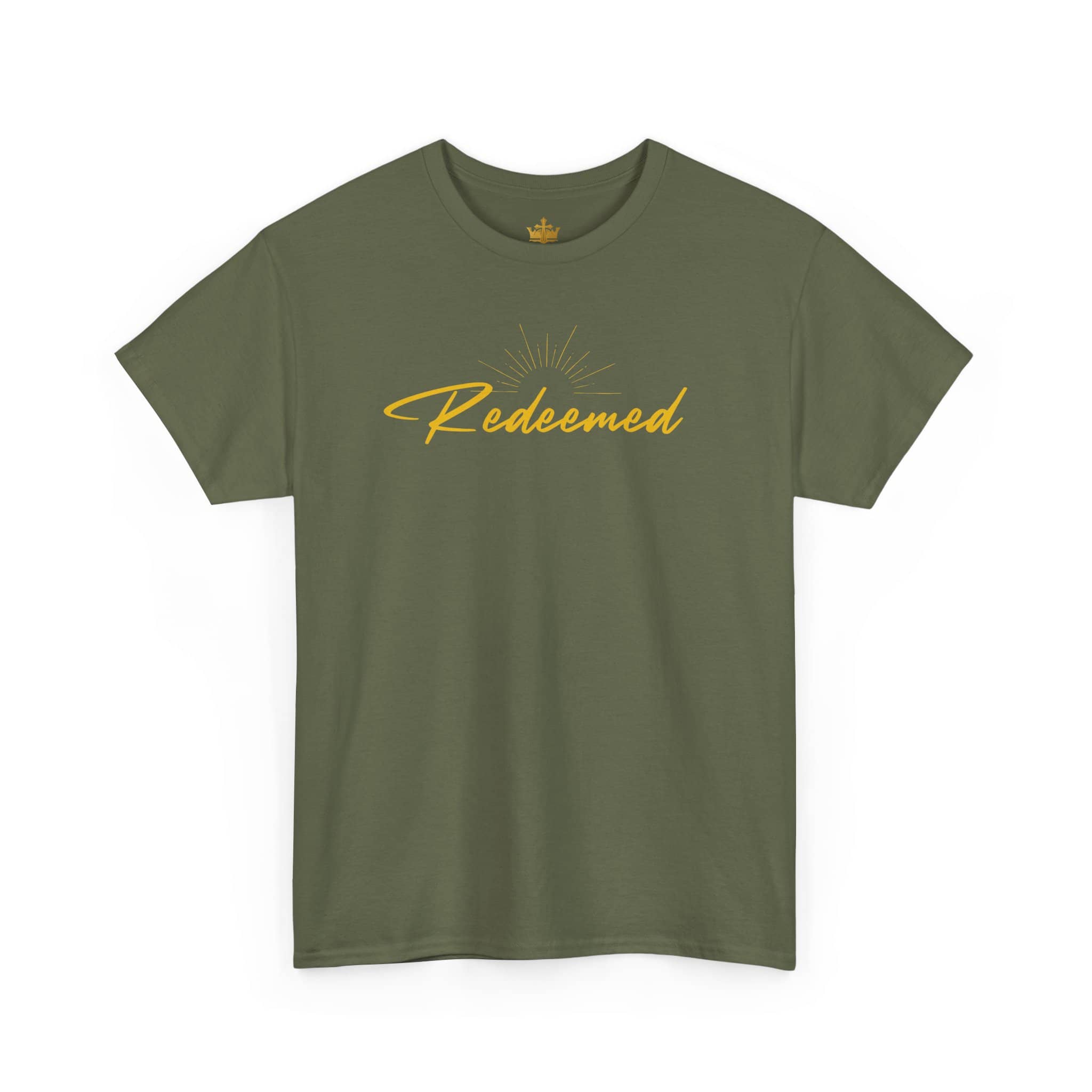 Ephesians 1:7 inspirational shirt in olive green with 'Redeemed' text in elegant font