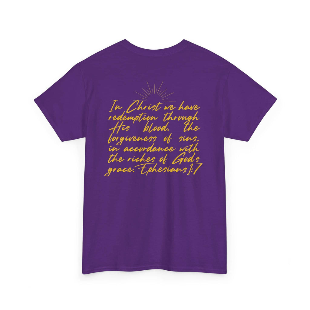 Purple Ephesians 1:7 inspirational shirt featuring a gold text design on the back