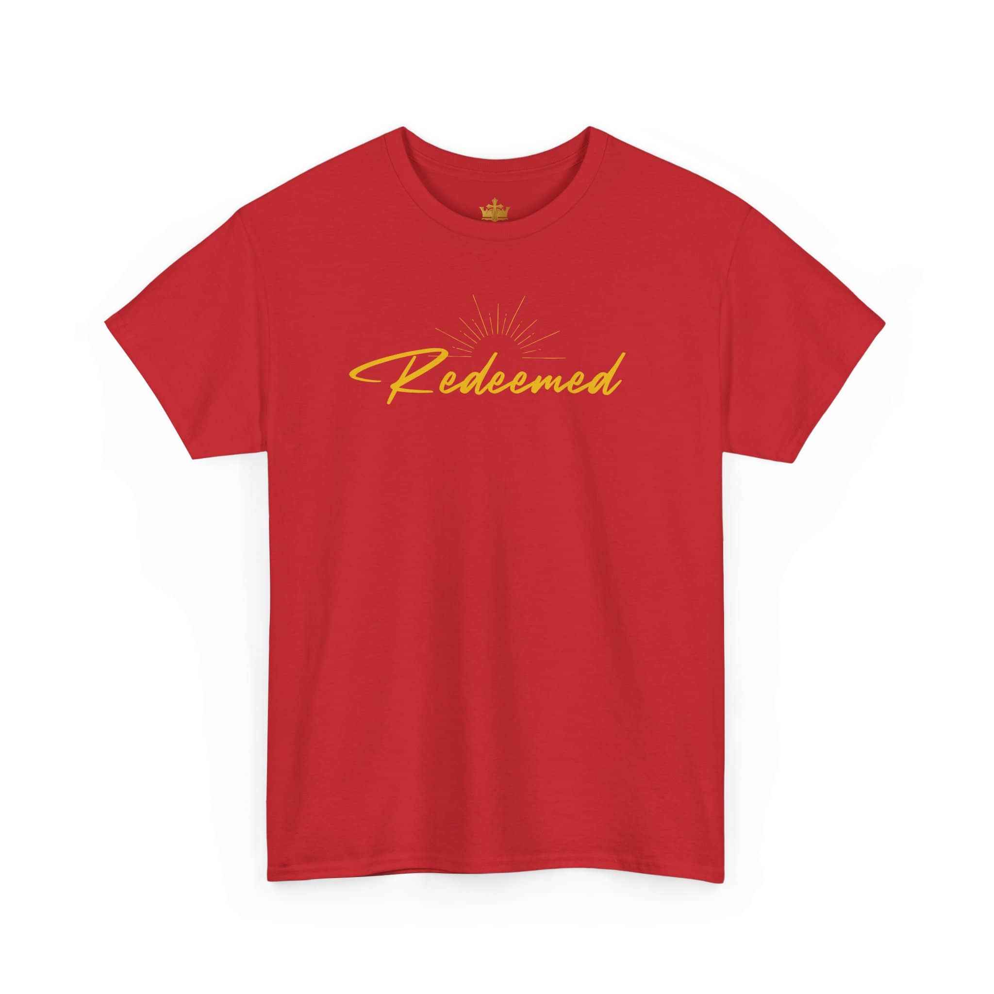 Ephesians 1:7 inspirational shirt featuring a bold 'Redeemed' design in yellow on a red background