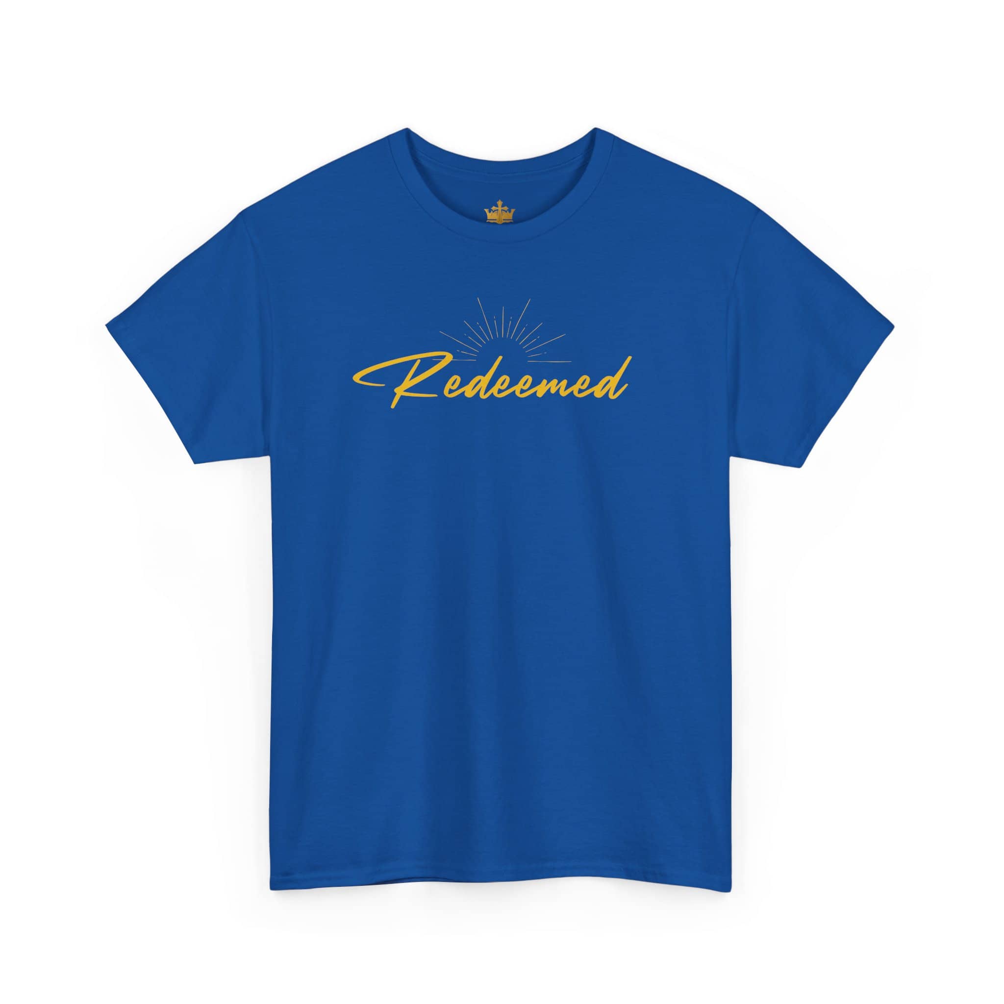 Ephesians 1:7 inspirational shirt in blue with the word Redeemed in stylish typography