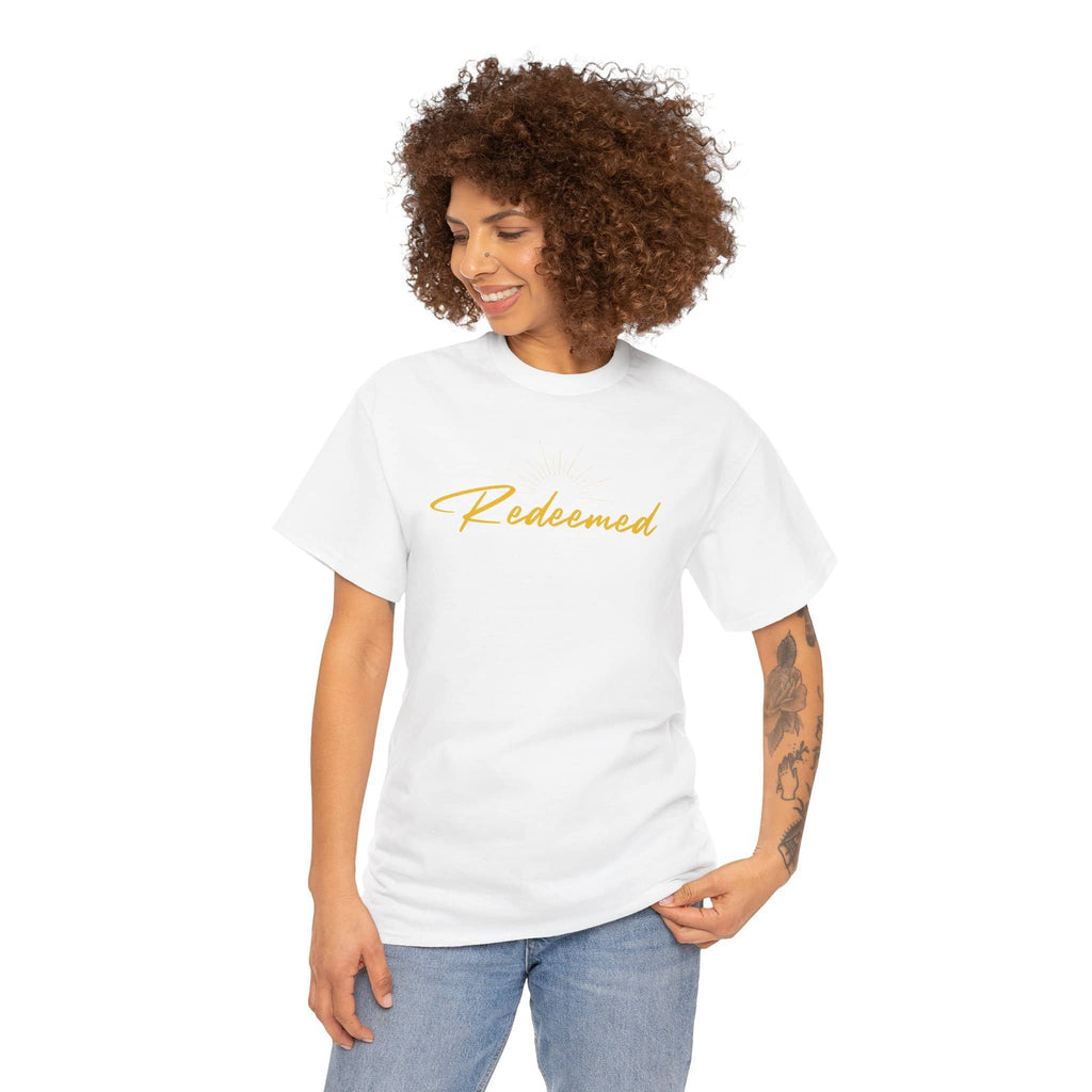 Ephesians 1:7 inspirational shirt featuring the word Redeemed in stylish gold lettering