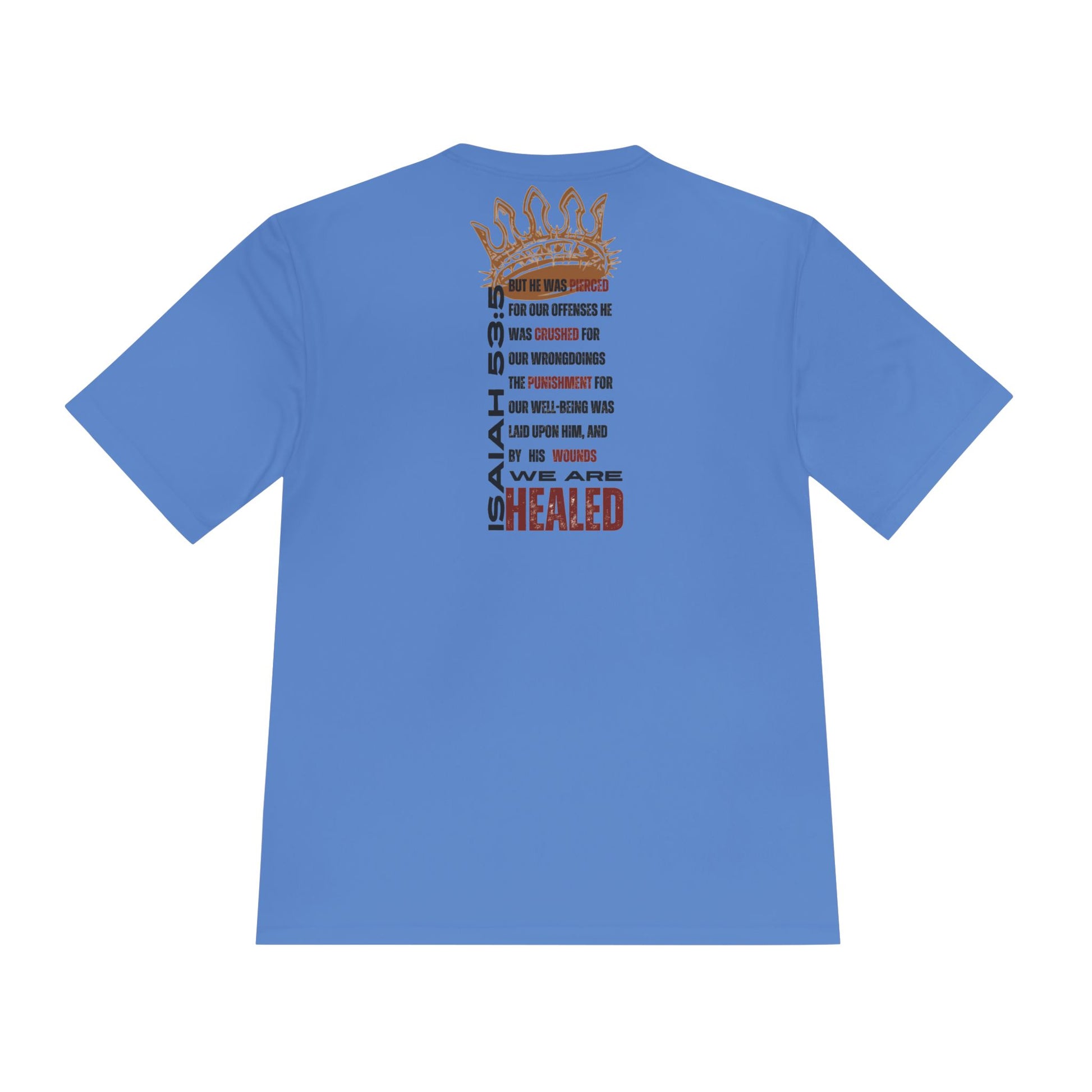 Isaiah 53:5 active wear sports tee in blue with inspirational text and design on the back
