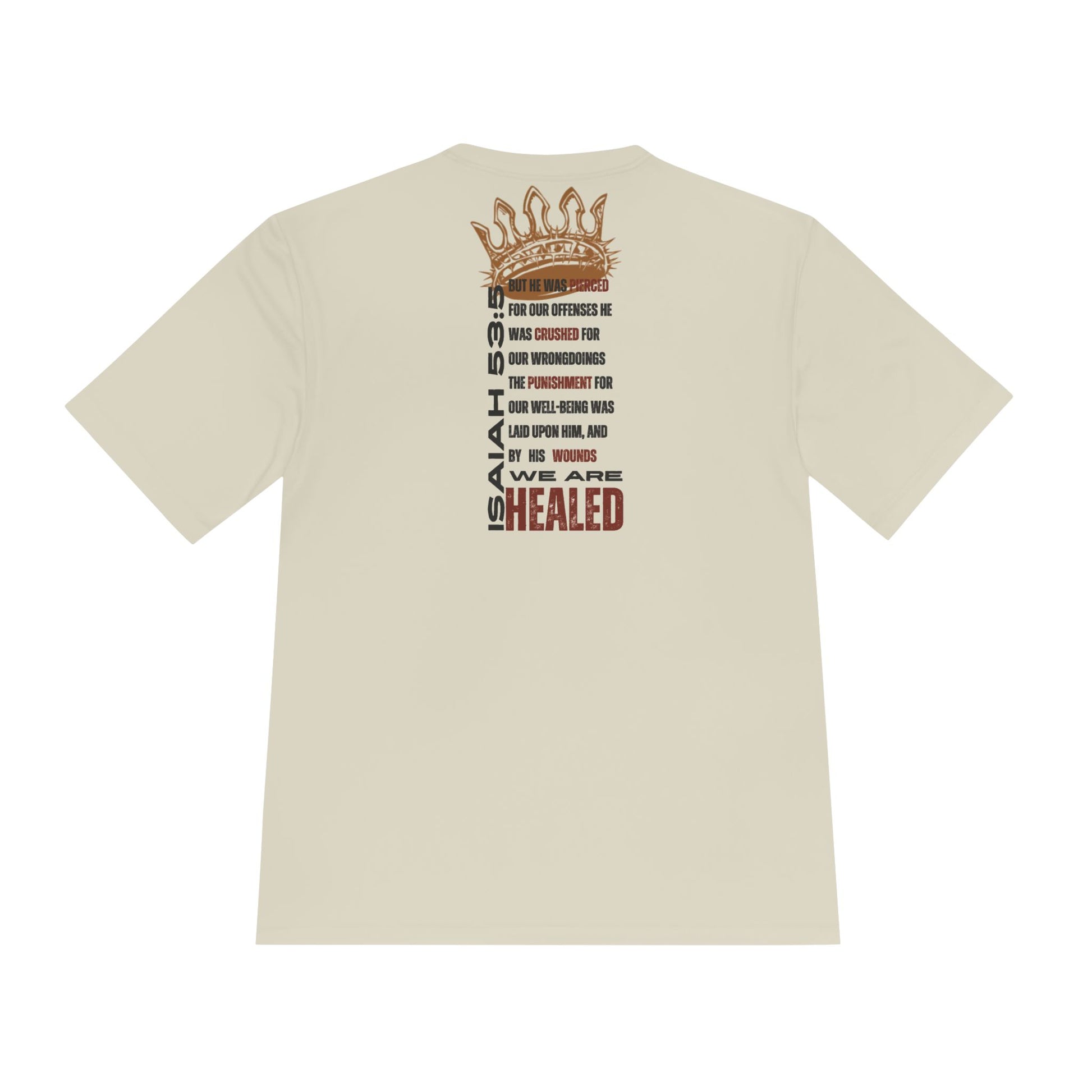 Isaiah 53:5 active wear sports tee in cream color featuring inspirational text and crown design