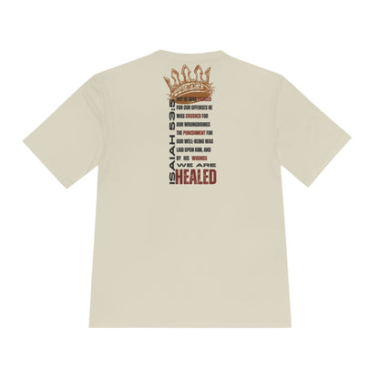 Isaiah 53:5 active wear sports tee in cream color featuring inspirational text and crown design