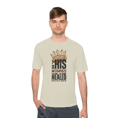 Isaiah 53:5 active wear sports tee featuring a graphic design and soft fabric for comfort