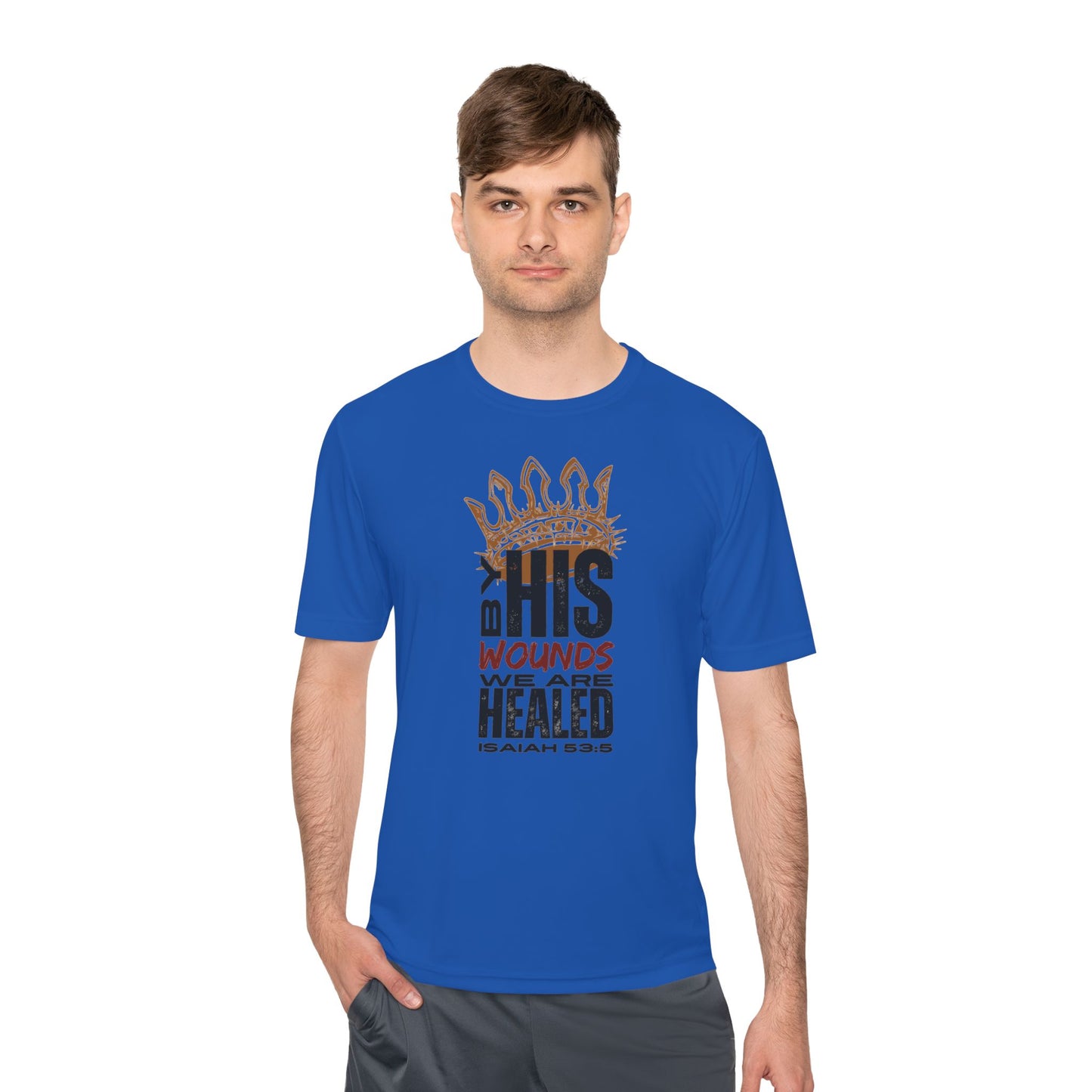 Blue Isaiah 53:5 active wear sports tee featuring a bold graphic design and comfortable fit
