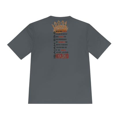 Isaiah 53:5 active wear sports tee in gray with inspirational text design on the back