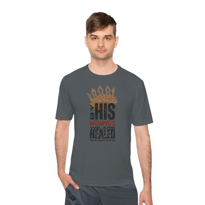 Isaiah 53:5 active wear sports tee featuring bold text and graphic design for comfortable workout use