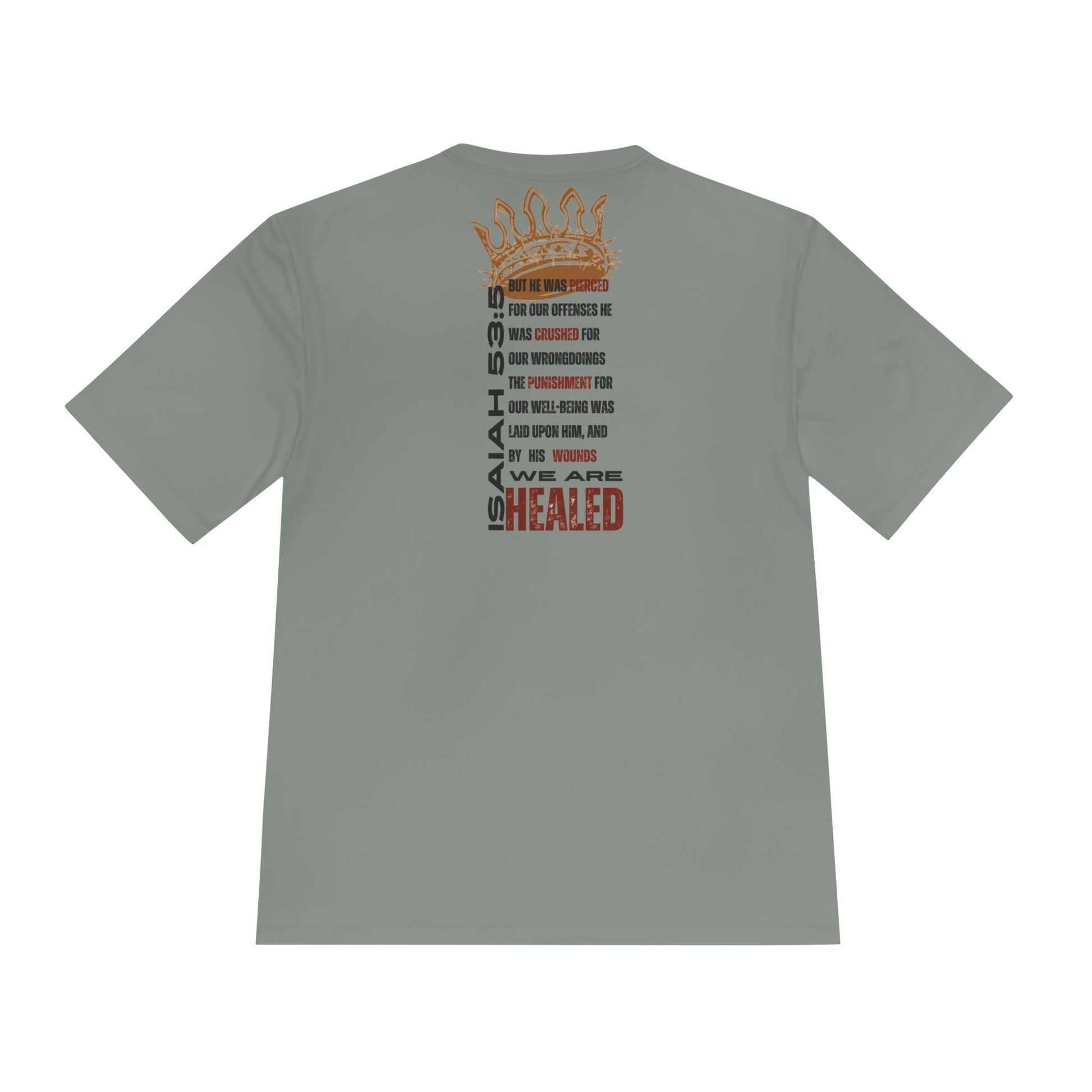 Isaiah 53:5 active wear sports tee in gray with a bold graphic print on the back