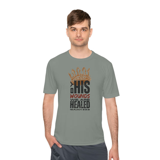 Isaiah 53:5 active wear sports tee in green featuring a crown design and inspirational text