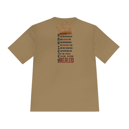 Isaiah 53:5 active wear sports tee in tan with motivational text and crown design on the back