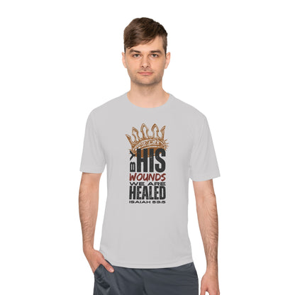 Isaiah 53:5 active wear sports tee in white featuring a bold graphic design for comfort during workouts