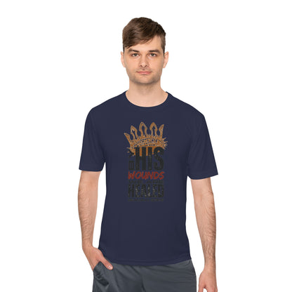 Isaiah 53:5 active wear sports tee in navy blue featuring bold text and design for comfortable workouts
