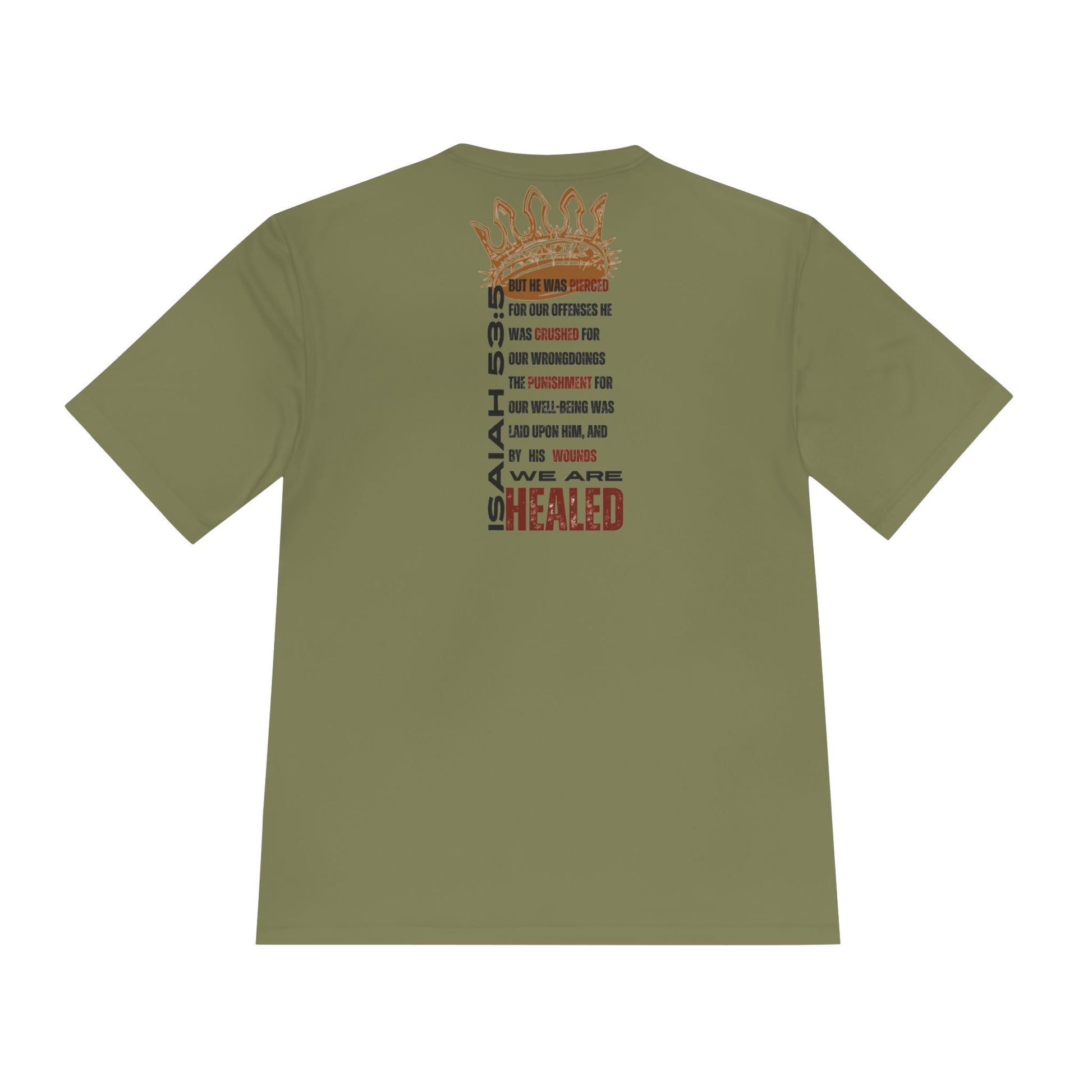Isaiah 53:5 active wear sports tee in olive green with inspirational text on the back