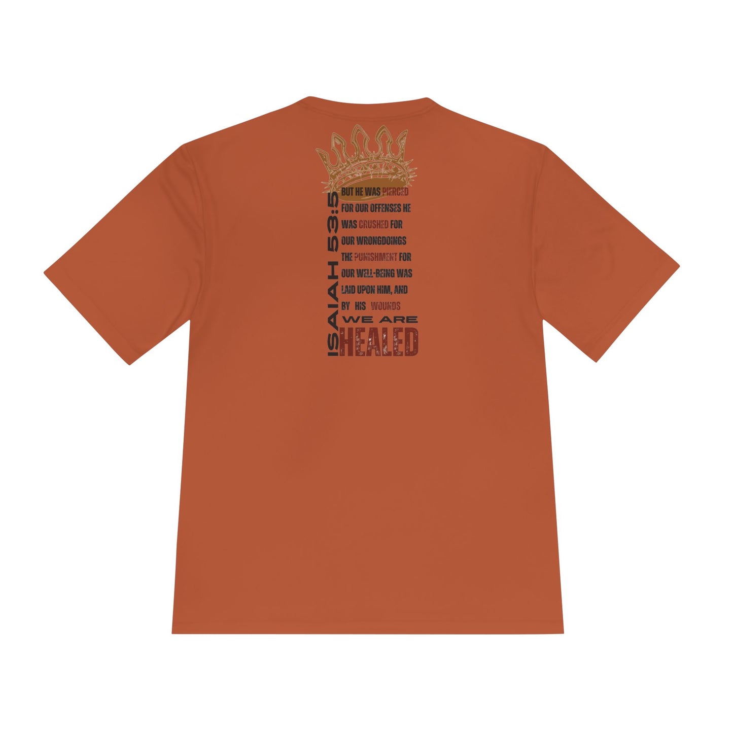 Isaiah 53:5 active wear sports tee in burnt orange with inspirational graphic design on the back