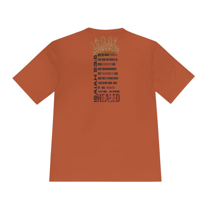 Isaiah 53:5 active wear sports tee in burnt orange with inspirational graphic design on the back
