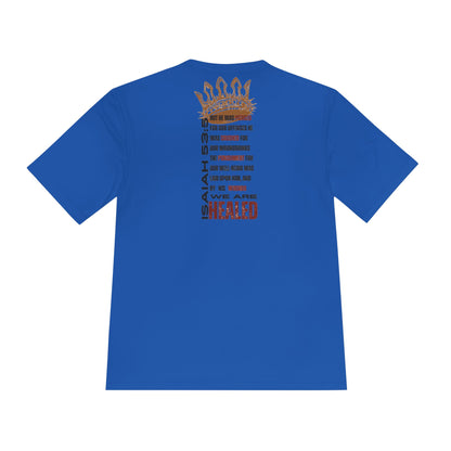 Isaiah 53:5 active wear sports tee in blue with inspirational graphic design on the back