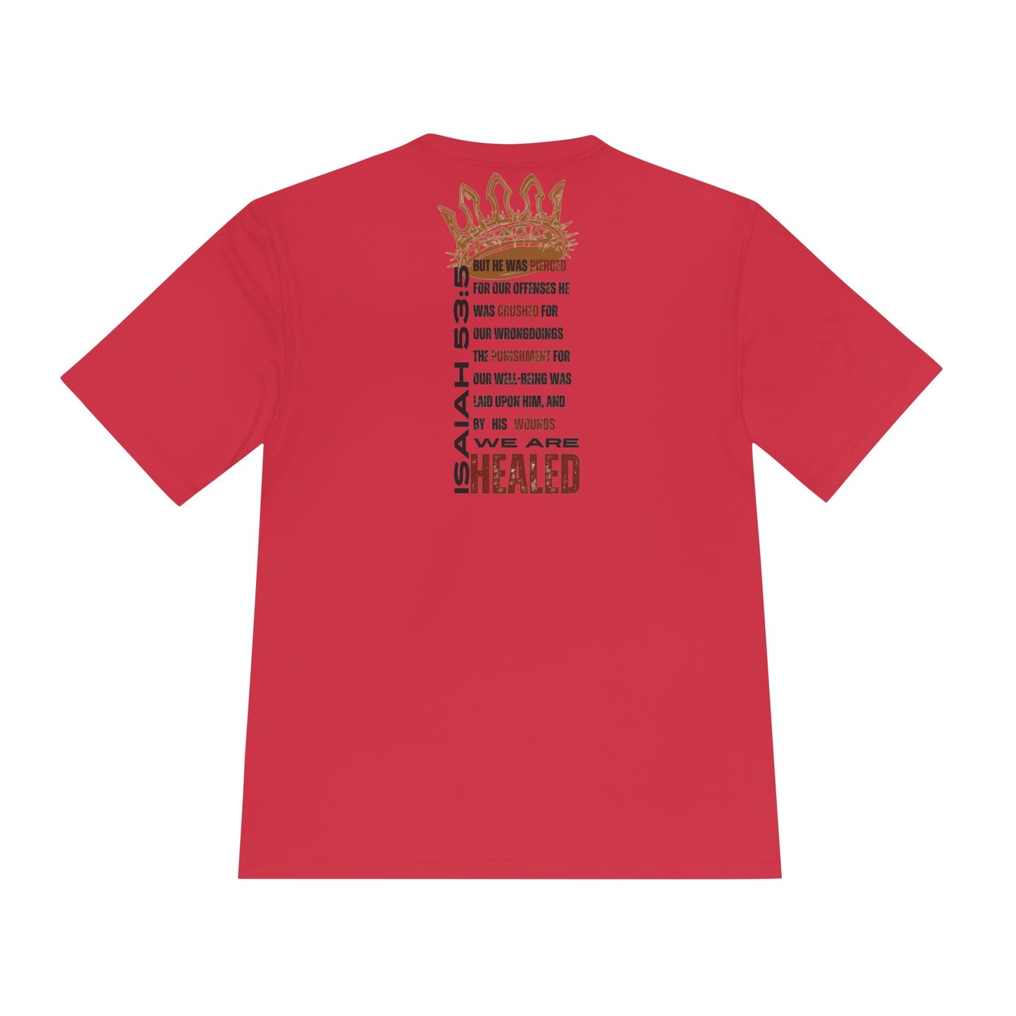 Isaiah 53:5 active wear sports tee in red with inspirational graphic design on the back
