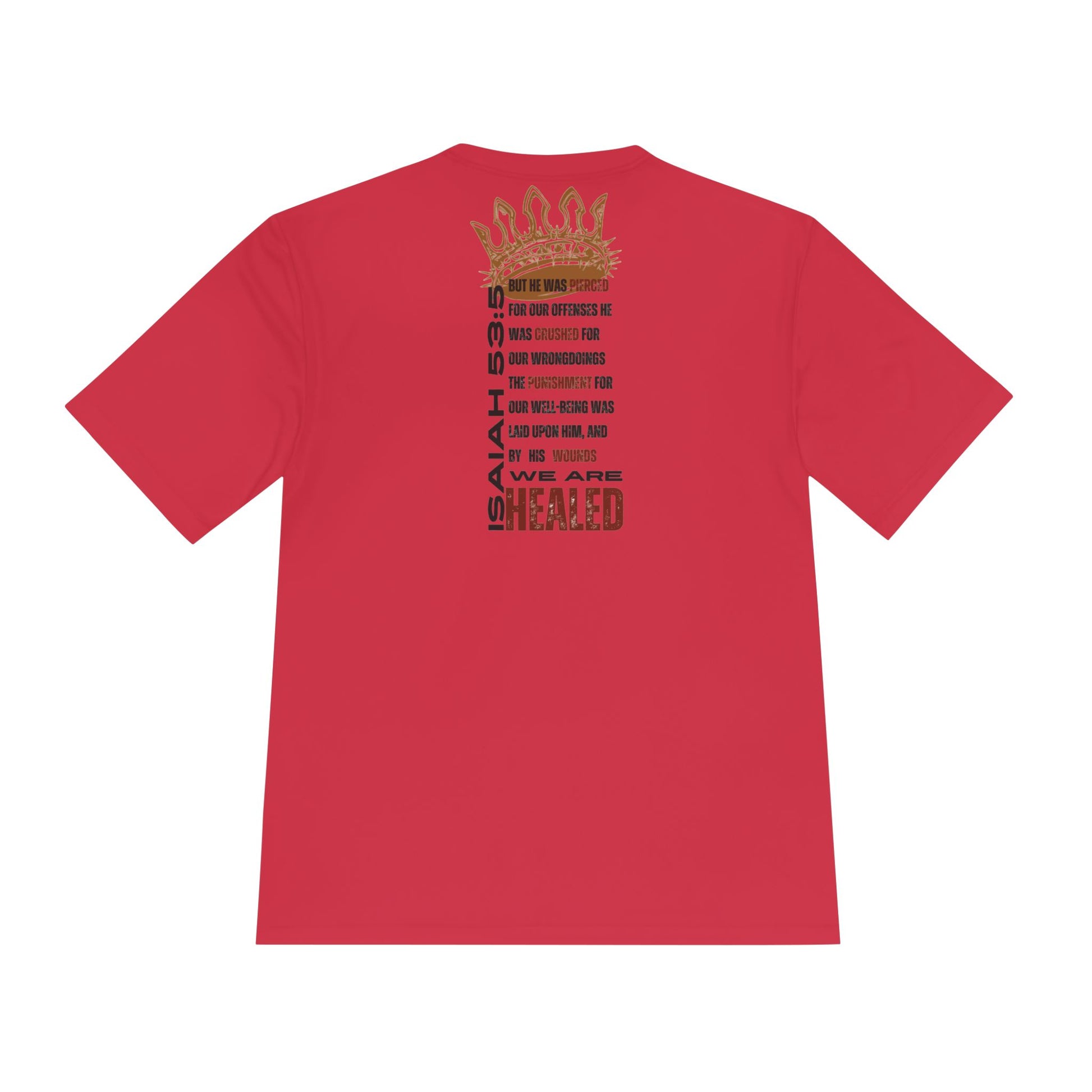 Isaiah 53:5 active wear sports tee in red with inspirational graphic design on the back