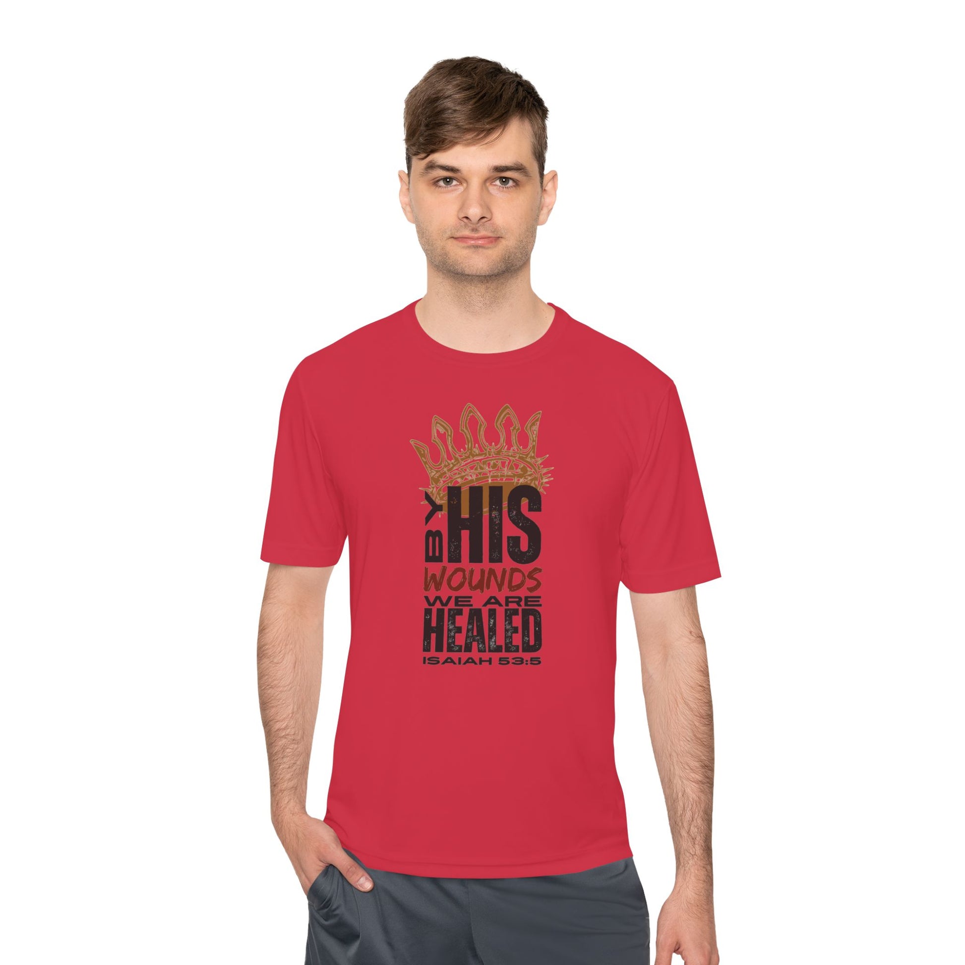 Isaiah 53:5 active wear sports tee in red with healing message for fitness enthusiasts
