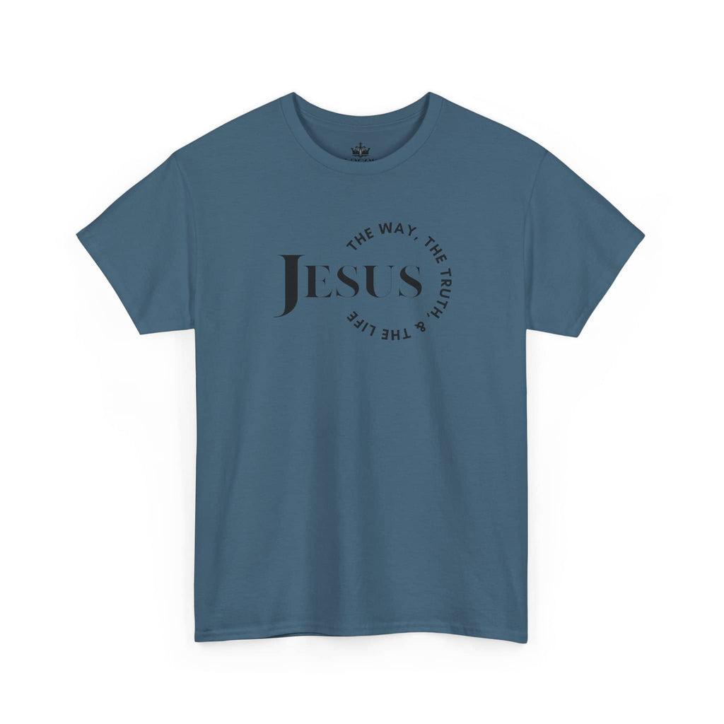 T-Shirt with 'Jesus Is the Way, the Truth' design in blue, front view