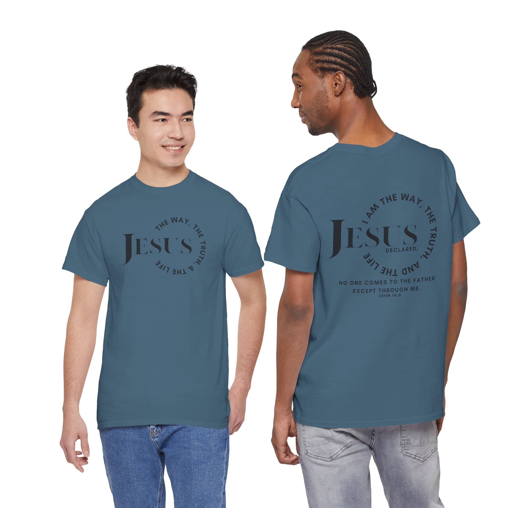 Men's Jesus Is the Way, the Truth, The Life Cotton T-Shirt in Blue, featuring front and back scripture design