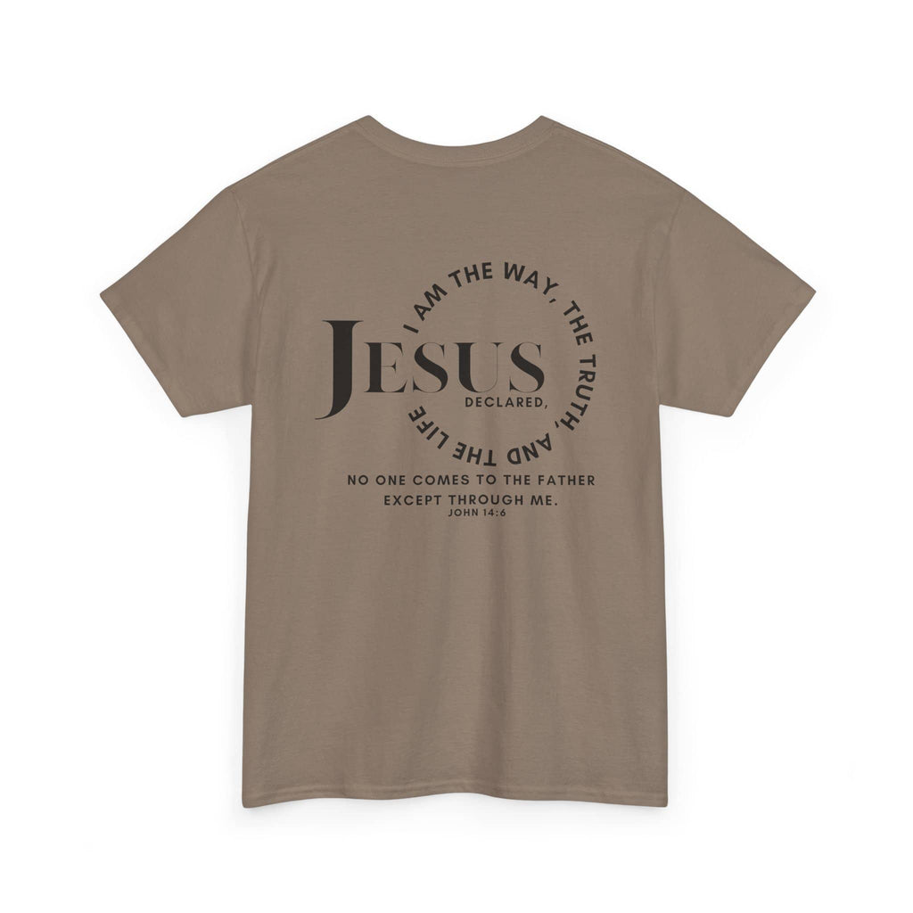 T-Shirt with 'Jesus Is the Way, the Truth' text in black on soft beige color, back view