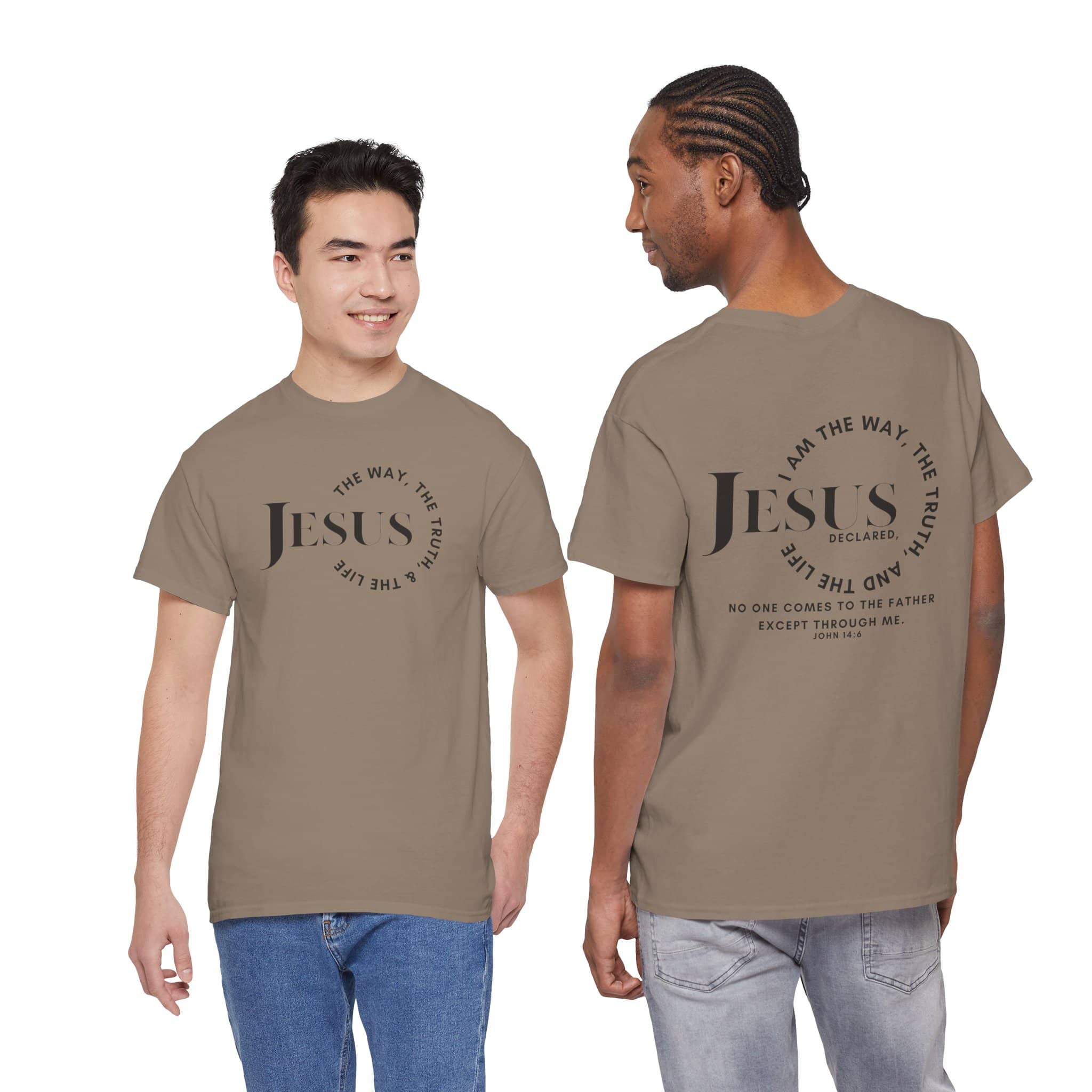 Brown T-Shirt featuring Jesus Is the Way, the Truth, The Life in bold lettering, view from front and back