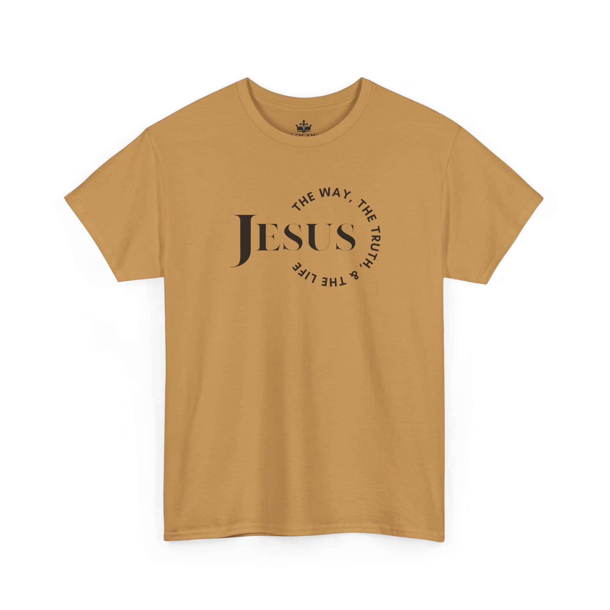 T-Shirt with Jesus Is the Way, the Truth printed in black on a khaki background, front view