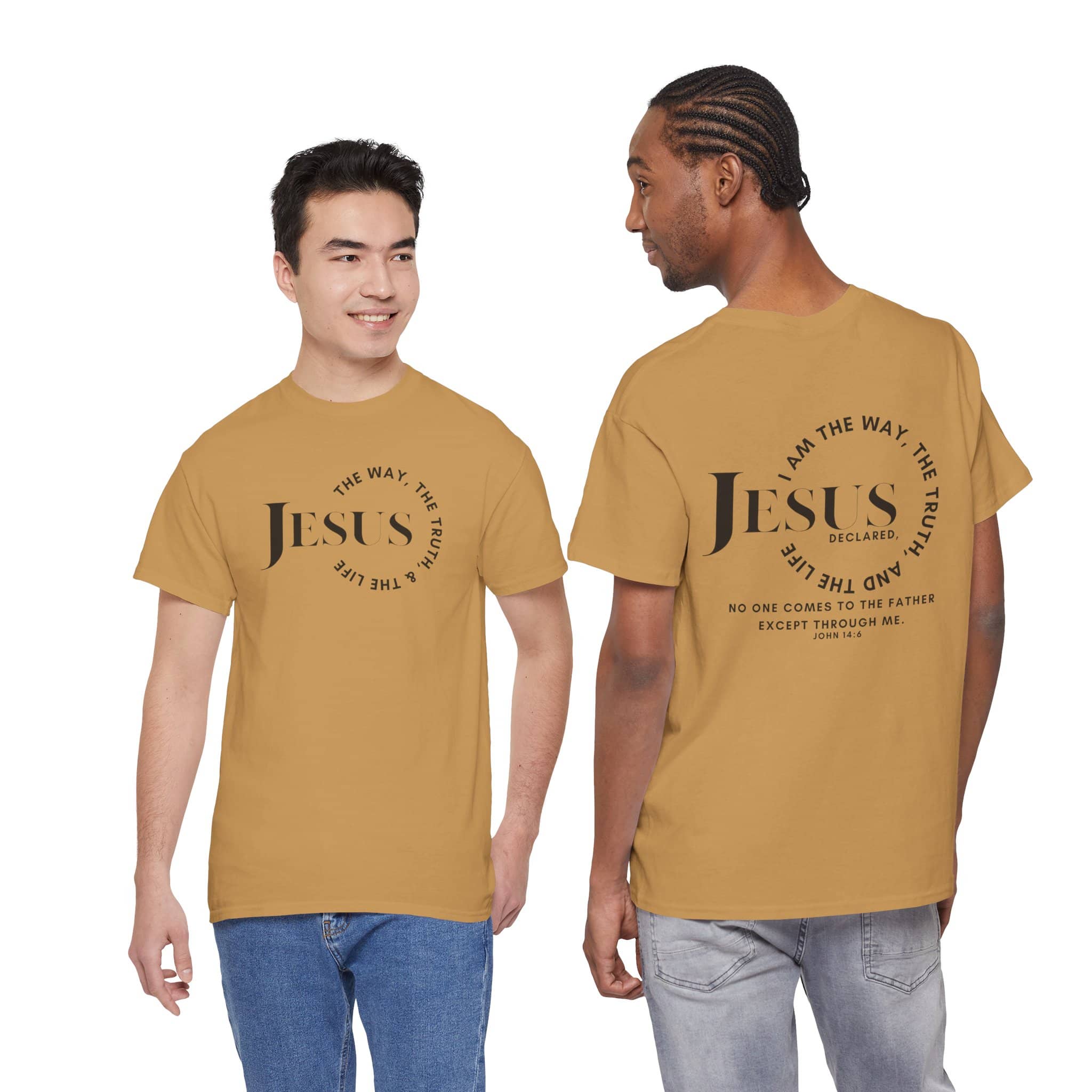 Jesus Is the Way, the Truth, The Life printed in black on a mustard background, front and back view