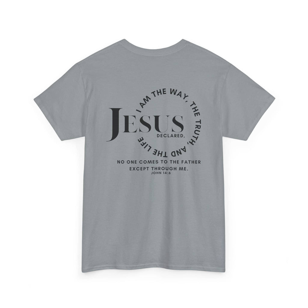 Back view of a gray T-Shirt featuring 'Jesus Is the Way, the Truth' with scripture design